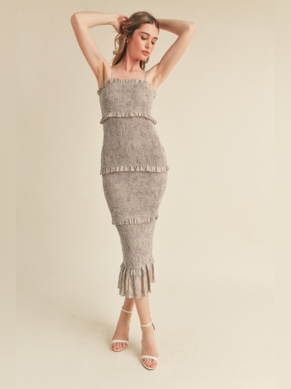 MABLE Esme Smocked Ruffled Midi Dress in Taupe and Floral